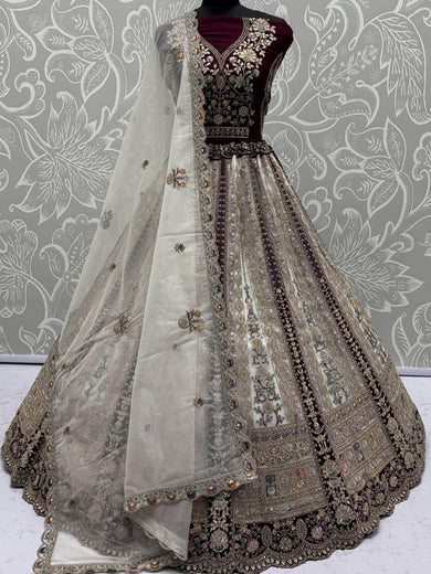 Astonishing Off-White Multi-Thread Work Net Bridal Lehenga Choli With Dupatta